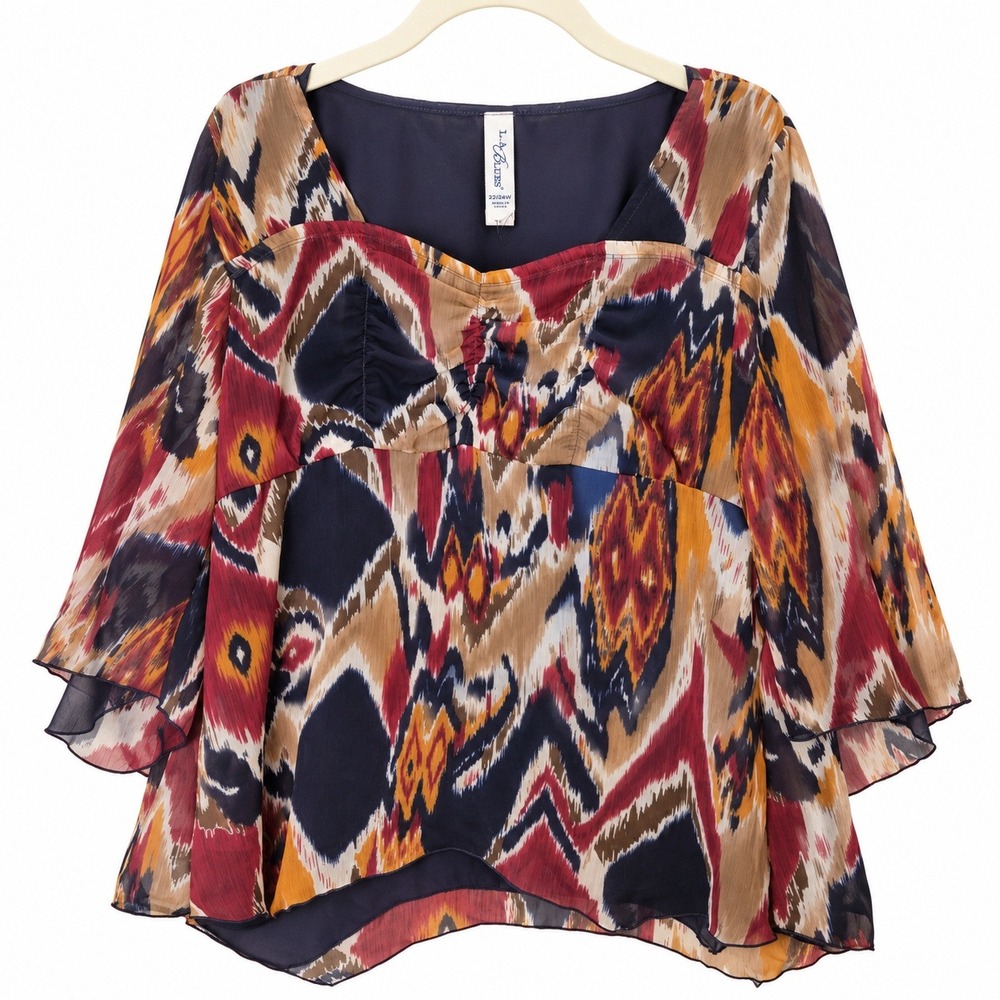 L.A. Blues Blouse Womens 22/24W Multicolor Excellent Ikat Sweetheart Bell Sleeve